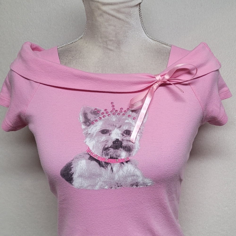 L.A. Movers Pink Rhinestone Yorkie Cowl Shoulder Cap Sleeve Cropped Babydoll Tee - Picture 6 of 12
